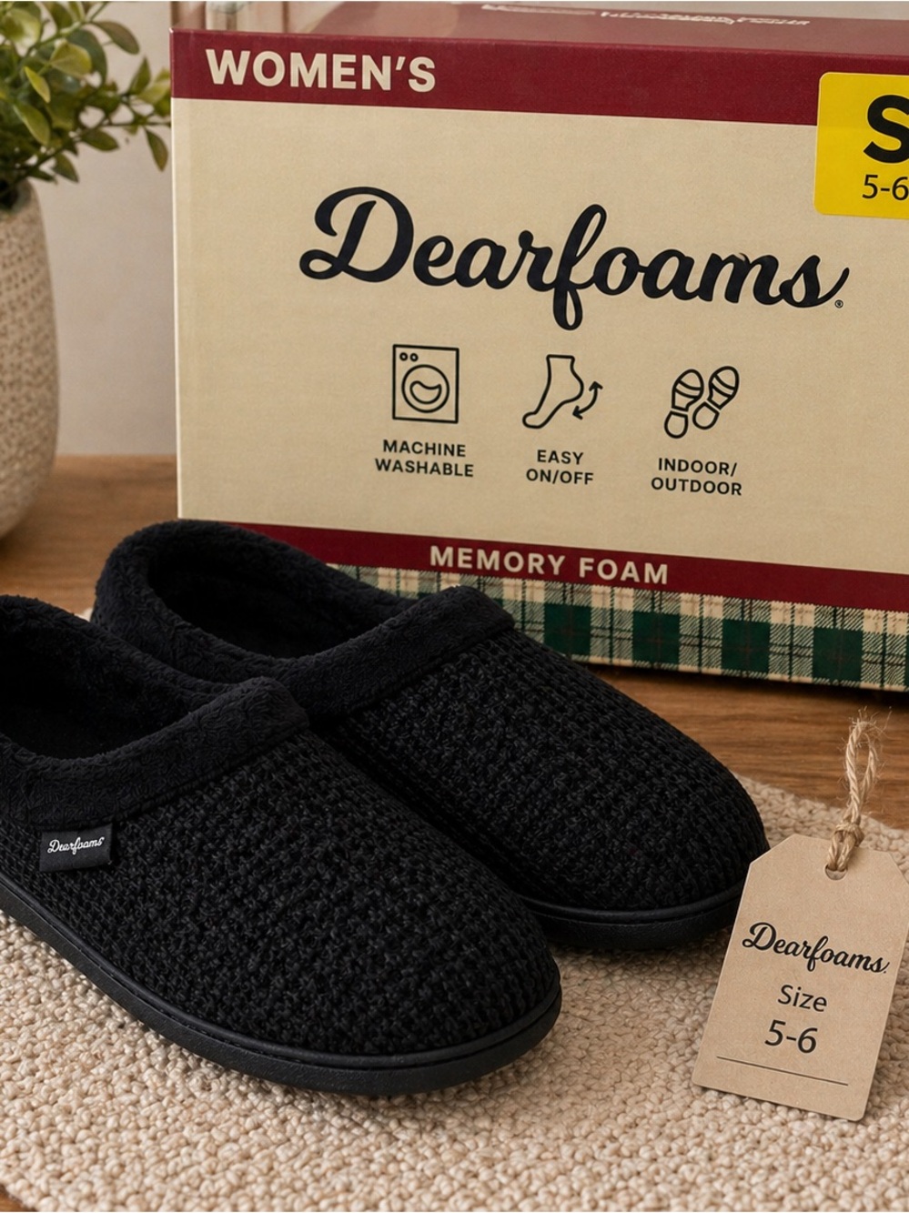 dearfoams Women's Black Memory Foam Slip-On Slippers